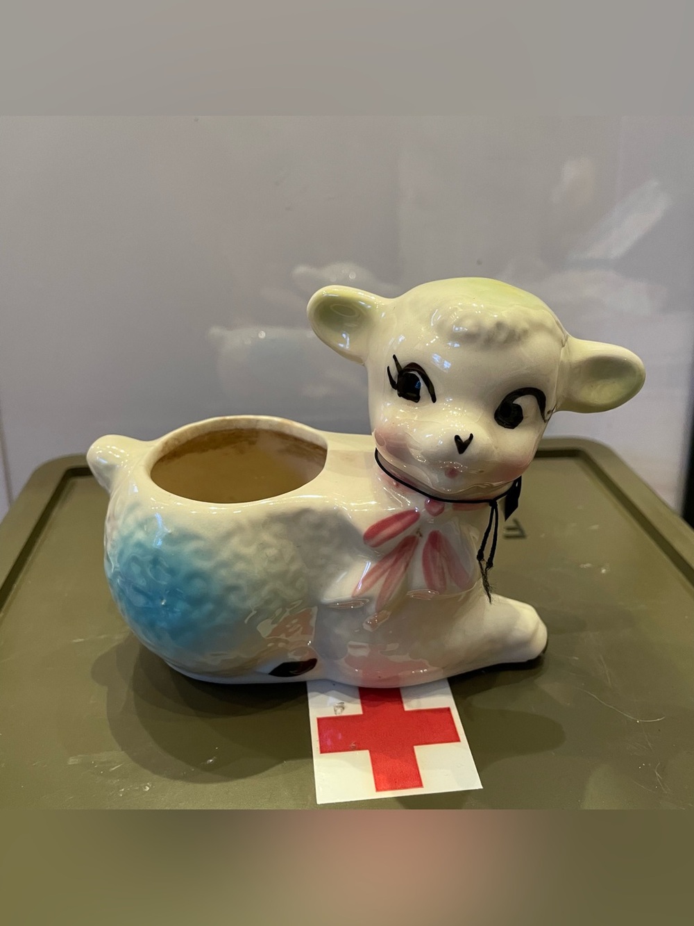 Vintage-Inspired White Ceramic Lamb Planter with Pink Bow